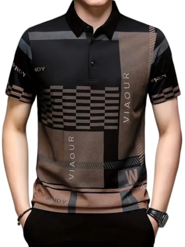 Image of Men's Irregular Geometric Pattern and Alphabet Print Sports Collar Tshirt (Rizim Temu Print Polo-Black)