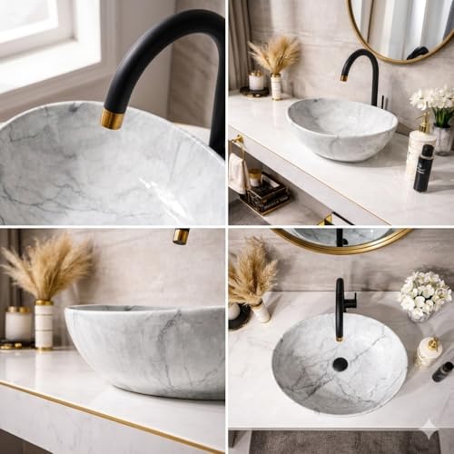 Image of Ceramic Tabletop Wash Basin - Glossy Bowl Shape Countertop Vessel Sink with Marble Finish for Bathroom & Vanity | Compact 16 x 13 x 5 Inch | Elegant Washbasin