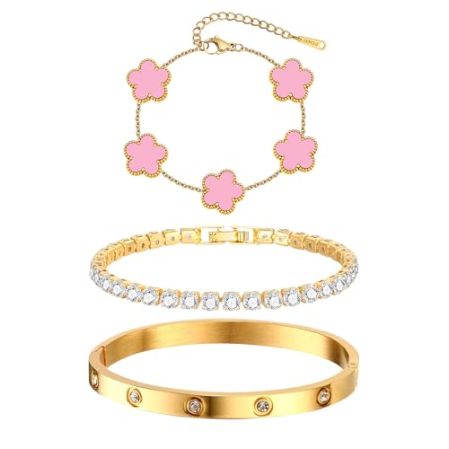 MPRAINBOW Womens Stackable Floral Bracelets 3Pcs 18K Gold Plated Bracelet Stainless Steel Bangle Chain Non Tarnish Bracelet Set Trendy Jewelry Christmas Valentines Birthday Gift for Girlfriend