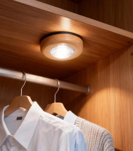 Image of Small Push Light, 6 Pack Under Cabinet Lights Battery Powered, Wood Look LED Touch Light, Wireless Puck Lights Stick On for Kitchen, Wardrobe, Closet