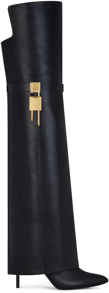 Over the Knee Shark Boots for Women Stiletto Heel Long Boots Slip-On Pointed Toe 3.7-Inch Heels Party in Black Beige Dress Boots