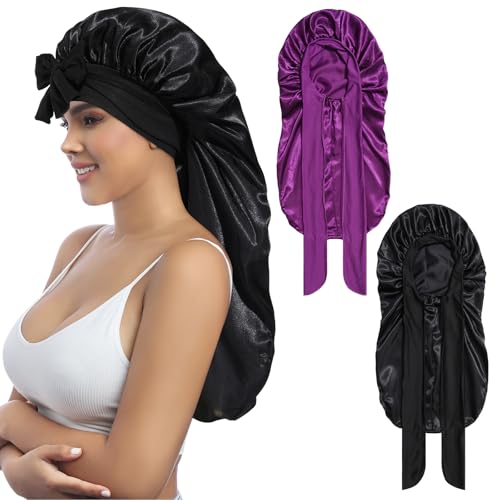 Coubeau 2 PCs Bonnet de Nuit Long en Satin pour Femme - Tissu Doux et Confortable de Haute Qualité Adapté aux Cheveux Longs et Bouclés - Bande élastique et Réglable