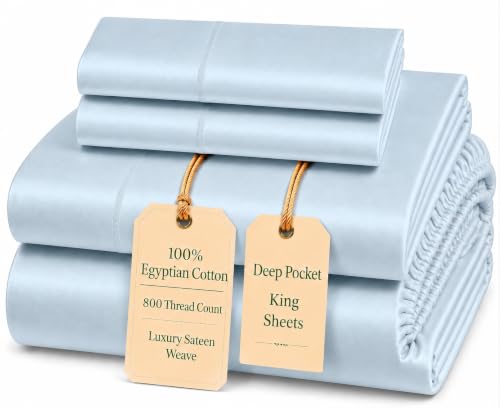 Image of Egyptian Cotton Sheets King Size, Sateen Weave Bed Sheet Set - Light Blue | 15 inch Deep Pocket King Sheets Cotton, 800 Thread Count 4 Piece Luxury Hotel Collection, All Season Comfort for Hot Sleepers