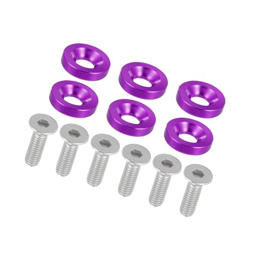 PARSLUCK Universal Finishing Countersunk Fender Bumper Washers, Gasket Screw Engine Bay Fastener Kit for Car Motorcycle Mechanical RC Parts, M6, Durable, Aluminum Alloy, Purple, 6pcs Stable