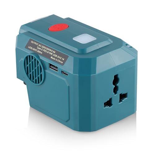 200W Power Inverter for Makita 18V Battery with 3 Ports, DC 18V to AC 220-230V Battery Adapter with USB-A, USB-C Port, UK Plug, Inverter with 280LM LED Light for Outdoor Camping Emergency