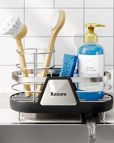 Kitsure Sponge Holder for Kitchen Sink - Space-Saving Kitchen Sink Caddy, Rustproof Metal Organizer with Removable Brush Holder, 7.9
