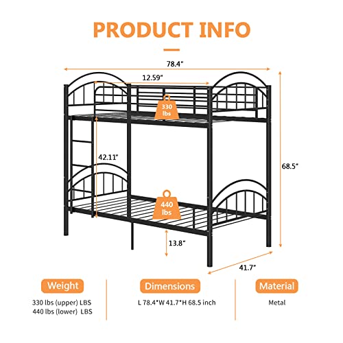 Convertible Metal Bunk Beds Frame, Twin Over Twin (Black)