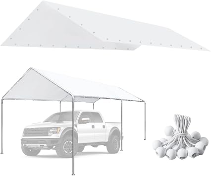 10x20 Carport Replacement Canopy Cover for Top Tent Shelter Tarp with Ball Bungees White Only Top Cover, Frame is not Included