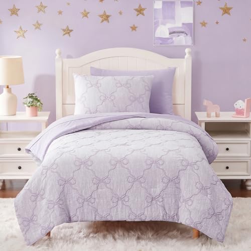 Image of Twin Comforter Set with Sheets for Girls-5 Pieces Bow Twin Bedding Sets | Soft Jacquard Bed Set with Light Purple Comforter, Pillowcases & Shams, 66 inch X 86 inch