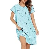 Durio Kurzarm Nachthemd Kleid Damen Mädchen Negligee für Frauen Rundhals Nachtkleid Mädchen Schlafshirt Nachtkleid Grüner Stern XL