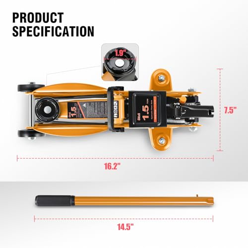 Image of PM PERFORMOTOR Low Profile Hydraulic Trolley Service /Floor Jack, 1.5 Ton (3000 lbs) Capacity, Lifting Range 5.3 inch-12 inch,Orange,PM-TOL-FJ15-OG