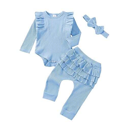 Image of Baby Girl Clothes Newborn Infant Fall Winter Outifts Ribbed Ruffle Long Sleeve Romper Pant Outfit Set 3pcs 0-18Months