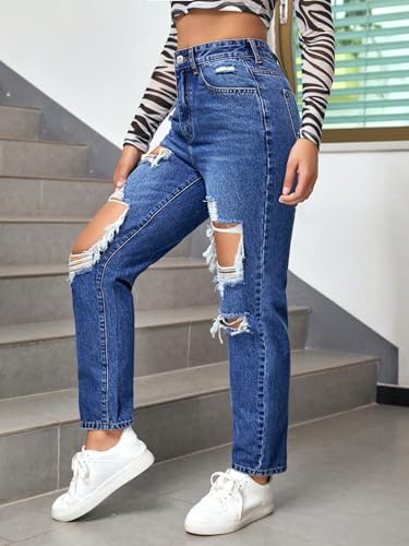 Floerns Women's High Waist Boyfriend Straight Leg Ripped Jeans Distressed Denim Pants Grey4