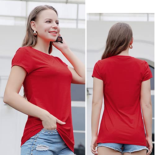 Basic Simple Round Neck T-Shirt For Women, Short Sleeve Under Shirt Ladies Tshirt, Soft Cotton Tee Tops Undershirt, Plain Red Large #TOP2