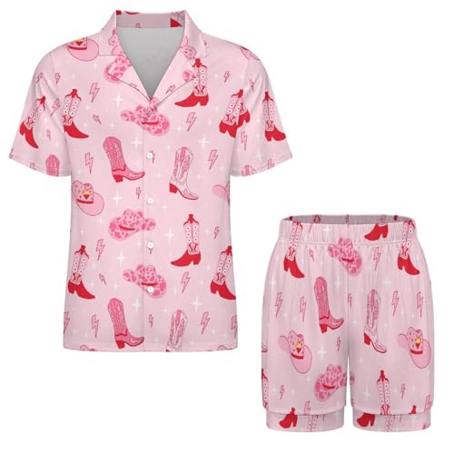 Image of Women Pajamas Shorts Sets Wild West Rodeo Cowboys PJs 2 Piece Button Down Shirt Lounge Pants Set
