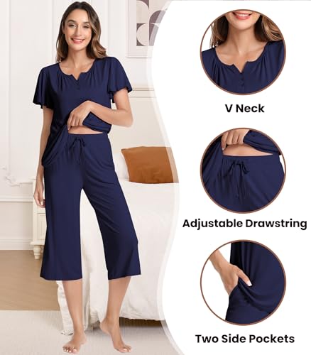 Image of NACHILA Women's Bamboo Viscose Pajamas Button V Neck Capri Pjs | Cooling pajamas, Breathable Fabric, Soft Touch, Sleep Comfort, Moisture-Wicking