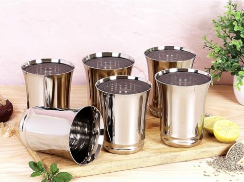 Image of Glass Set | Premium Heavy Guage | Silver Mirror Polish | Break Resistant | Gifting Item | 350ml | Set of 6 (Pari Polished)