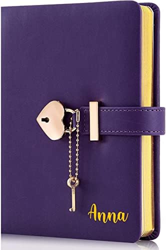 Poshieca Heart Shaped Lock Diary with Key PU Leather Cover Journal Personal Organizers Secret Notebook for Girls & Women B6 Size 5.3x7inch (Purple Diary With Name Print)