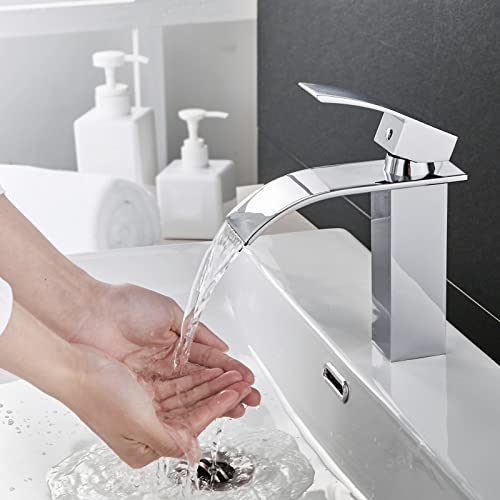 OUGOO Grifo de cascada, grifo de baño, monomando, para baño, estilo moderno, agua fría y caliente, latón cromado Cover