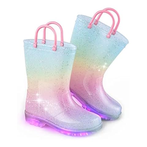 EUXTERPA Girls Wellies Kid Wellies for Little Kids, Child Glitter Welly Boots Light Up Girls Rain Boots with Pull-On Handles Size 10 Cover