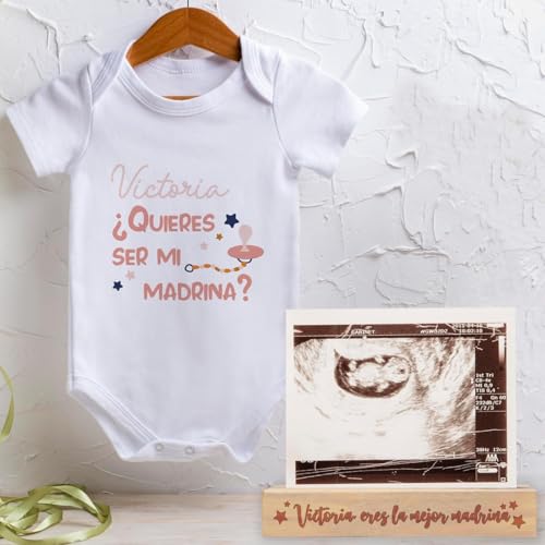Pack body quieres ser mi padrino madrina y base madera personalizada nombre regalo original bebe bautizo boda pedida embarazo ecografía mejor recuerdo Chupete