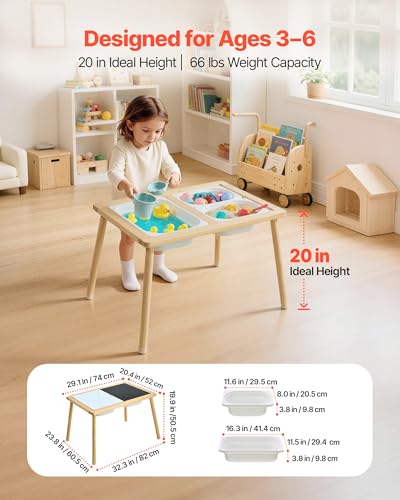 Image of VEVOR Sensory Table for Toddlers, Wooden Kids Activity Table with Reversible Double-Sided Board, Storage Bins, and Non-Slip Feet, for Boys and Girls Playing Sand and Water, Drawing, Studying, Dining