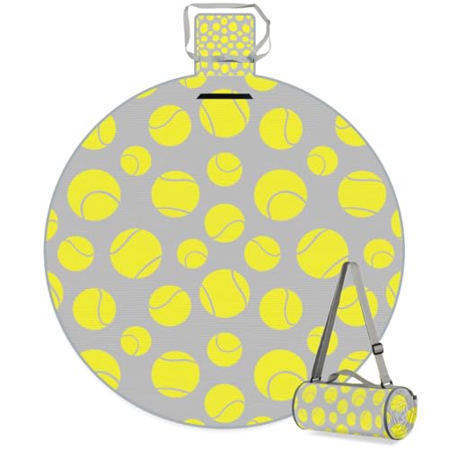 Shimoshe Yellow Tennis Ball Print Picnic Outdoor Blanket Foldable Waterproof Sandproof Beach Blanket Portable Water-Resistant Round Picnic Mat for Travel Camping Park Lawn