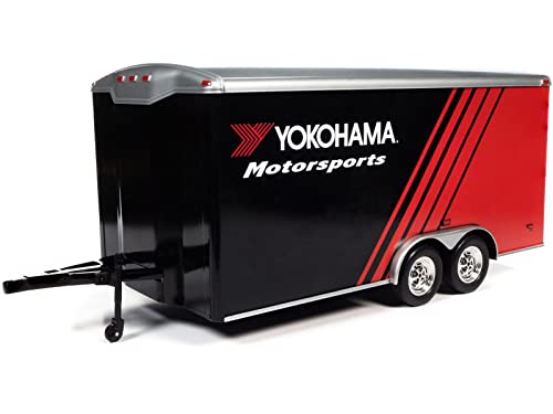 Four Wheel Enclosed Car Trailer Yokohama Motorsports Black and Red for 1/18 Scale Model Cars by Auto World