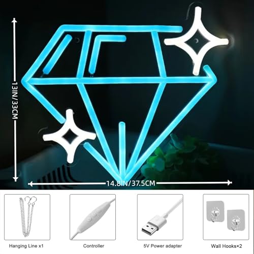 Image of Alluring Brightness, Sparkling Sapphire Diamond LED Neon Sign - USB Powered, Wall-Mounted Light for Jewelry, Makeup Stores, Bars, Parties & Home Decor, 13 inchx14.8 inch