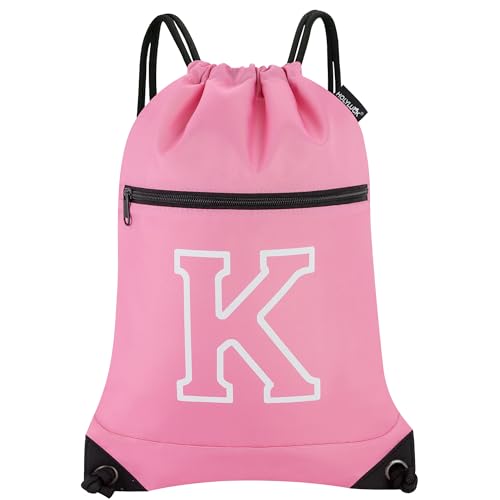 Image of HOLYLUCK Drawstring Bags Initial Backpack Sackpack Cinch Bags for Sports, Gym, Travel, Beach (Pink-K)