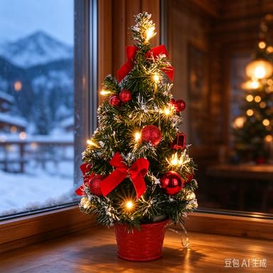 1.3 FT Artificial Bows & Needle Small Christmas Tree for Home Party Decor (Red) - image 3