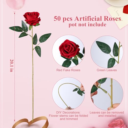 Image of HyeFlora 50 PCS Red Roses Artificial Flowers, Fake Roses with Stems Realistic Silk Roses for DIY Wedding Bouquets Tables Centerpieces Arrangements Party Baby Shower Birthday Home Decor Gift for Her