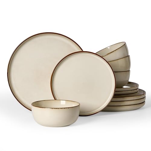 Image of Famiware Milkyway Stoneware Dinnerware Set, 12-Piece, Double Reactive Glaze, Plates and Bowls, Service for 4, Microwave and Dishwasher Safe, Scratch-Resistant, Light khaki