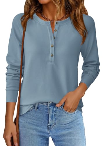 Image of PRETTYGARDEN Women's Long Sleeve Waffle Knit Henley Shirts