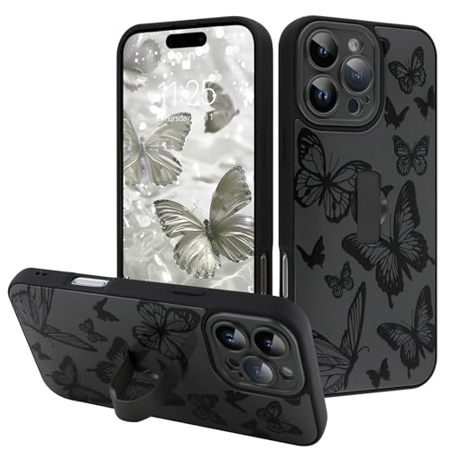 Image of for iPhone 16 Pro Case with Finger Strap Holder, Cute Cool Butterfly Print Pattern Design for Women Men, Shockproof Anti Scratch Hand Kickstand Protective Cover, Gray