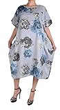  Italy Donna Damen Leinen Lagenlook Sommer Maxi Kleid Tunika 44 46 48 50 52 L XL XXL 3XL Grau Blumen Print Strand Urlaub (52)