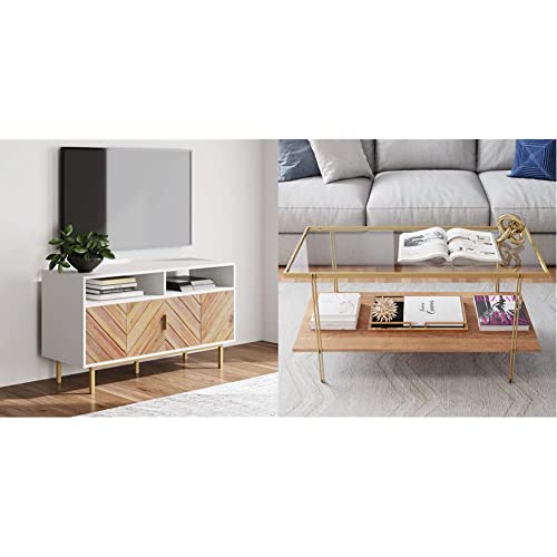 Nathan James Izsak Media Console, Brown/White/Gold & Asher Mid-Century Rectangle Coffee Table Glass Top And Rustic Oak Storage Shelf With Sleek Brass Metal Legs, Gold #TOP25