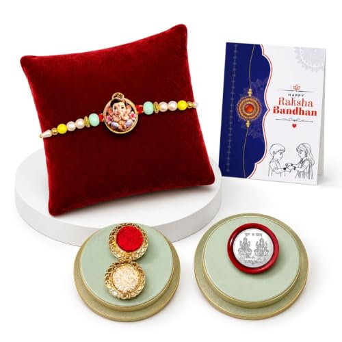 Image of Oblivion Rakhi For Brother - Elegant Stylish God Designer Rakhi with Beads and Silver Colour Pooja Coin, Tilak Set & Greeting Card - Traditional Raksha Bandhan Combo for Bhai (Ganesha, Variant 4)