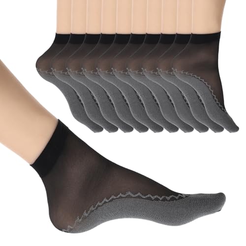 Image of 10 Pairs Sheer Socks for Women, Sheer Ankle Stocking | Anti-Slip Ankle High Nylons with Cotton Sock Bottom for Women