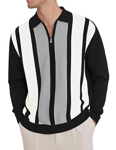 Image of CTU Mens Polo Shirts Quarter Zip Jumper Knitted Sweater Long Sleeve Vintage Striped Warm Pullover Tops Black XXL
