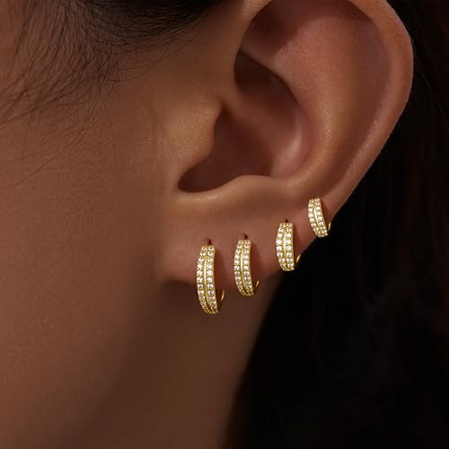 Image of Small Gold Huggie Hoop Earrings Set for Women Men Hypoallergenic 14K Plated Stack Cartilage Earrings, Sterling Silver Multiple Piercing Lightweight Mini Thin Cute Dainty Trendy Jewelry Gifts for Women