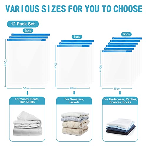 Compression Bags For Travel - 12 Pack Roll-Up Space Saver Vacuum Storage Bags - No Vacuum Or Pump Needed - Reusable Vacuum Seal Bags For Clothing - 3 Sizes (70X50Cm, 60X40Cm, 50X35Cm) #TOP5