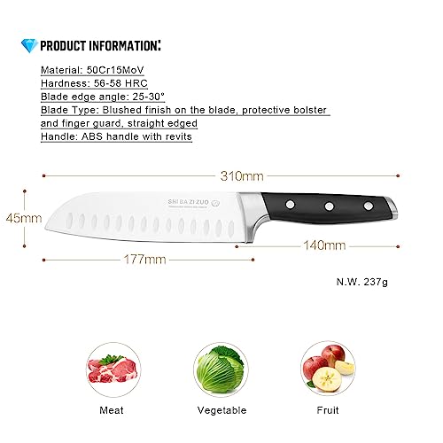 Foto von SHI BA ZI ZUO Santoku-Messer 7-Zoll-Kochmesser High Carbon 50Cr15MoV Edelstahl Scharfes Küchenmesser mit ergonomischem Griff (Silber, 31 * 4,5 cm)