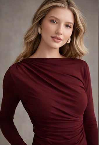Image of SIGHTBOMB SOFTLINE Boat Neck Low Neck Drape Look Gathered Waterfall Afford LUX Edition Formal WEAR Long Sleeve Feather Touch TOP for Women