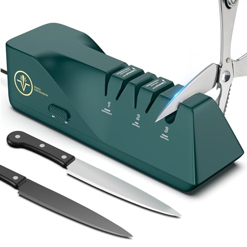 Knife Sharpener, Diamond Abrasives Electric Knife Sharpener for Stainless Steel and Ceramic Knives, with Scissors Sharpener & Dust Collection Box, Quick Sharpening & Polishing