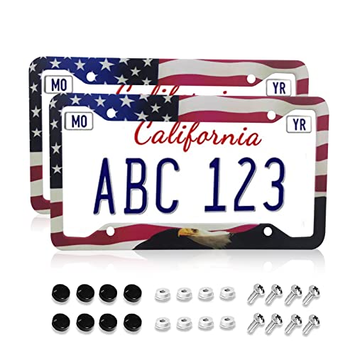 American Flag Eagle Patriotic License Plate Frames Covers Holders Us American Waving Flag Eagle Car Tags Frames Holders Stainless Aluminum 2 Pack 4 Holes Decorative 2 Pcs Set For Men Women Vehicle #TOP12