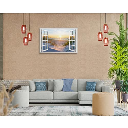 Fake Window Sunset Beach Picture Decor Wall Art Ocean Scene Faux Window View Yellow Natural Landscape With Framed Canvas Size 24X36X1Pcs #TOP3