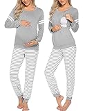 Ekouaer Maternity Pajama Set Nursing Pjs Women Breastfeeding Pregnancy Postpartum Clothes Long Sleeve Top & Pant with Pockets Light Grey