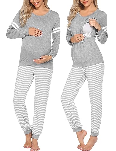 Ekouaer Maternity Pajama Set Nursing Pjs Women Breastfeeding Pregnancy Postpartum Clothes Long Sleeve Top & Pant with Pockets Light Grey