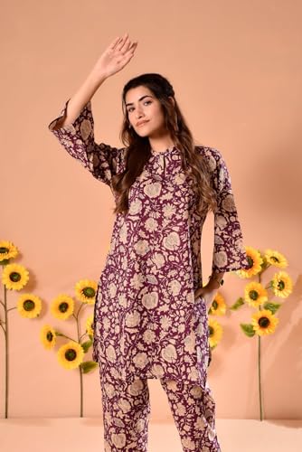 Image of NAINVISH Ethnic Cotton Blend Co Ord Set | Casual Wear Pant Top Set | Fancy Co-Ord Set | Full Pair Set | Women Kurta Sets Kurtis | Women Kurta Pant Set | Coord Sets for Women | Maroon Top Pant Set